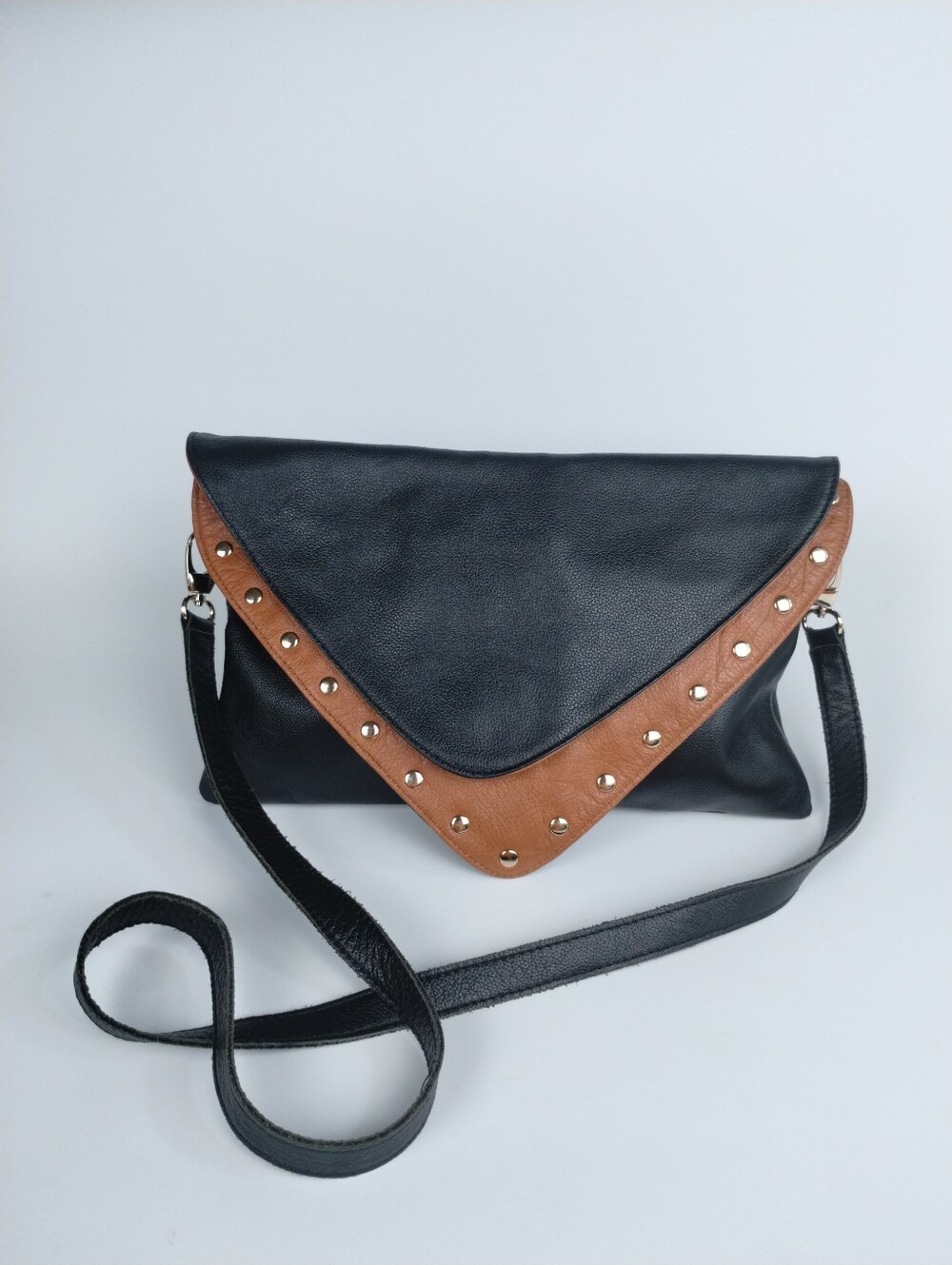 Laggo Genuine Leather Studded Envelope Crossbody Purse Black Brown Foldover Bag